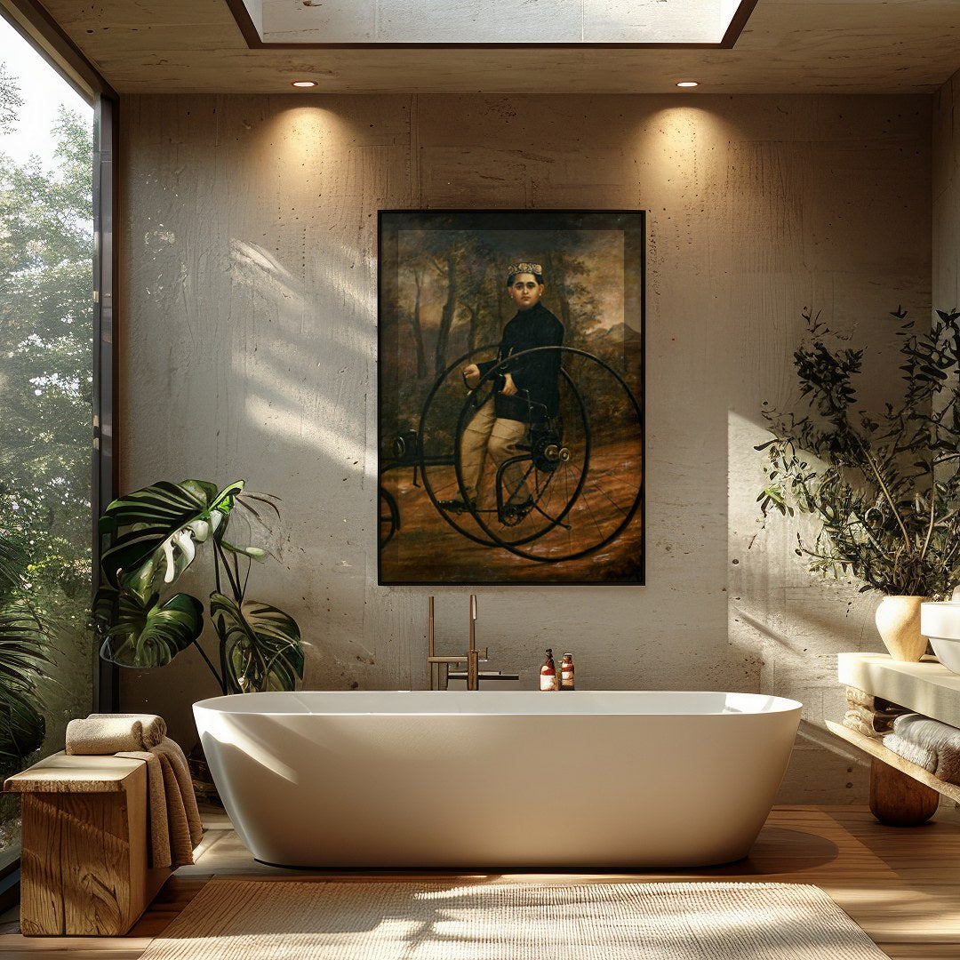 Delve into the past with this charming portrait of a vintage cycling enthusiast. The artwork for Bathroom