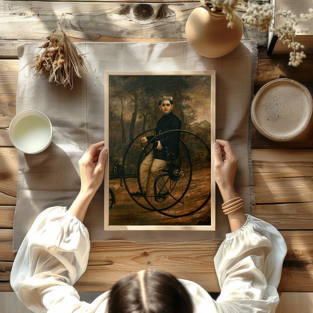 Delve into the past with this charming portrait of a vintage cycling enthusiast. The artwork for Kitchen