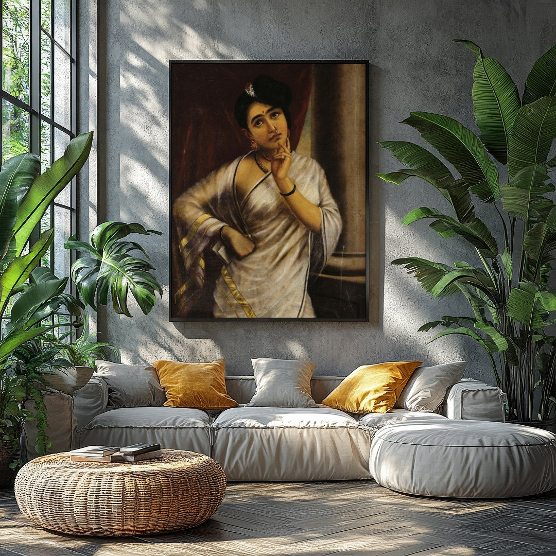This striking portrait captures the introspective gaze of a thoughtful woman draped in an elegant for Balcony