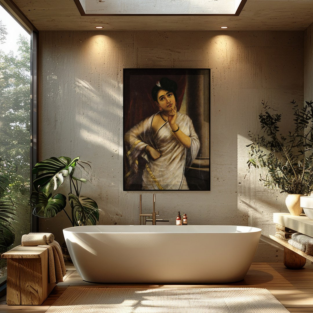 This striking portrait captures the introspective gaze of a thoughtful woman draped in an elegant for Bathroom