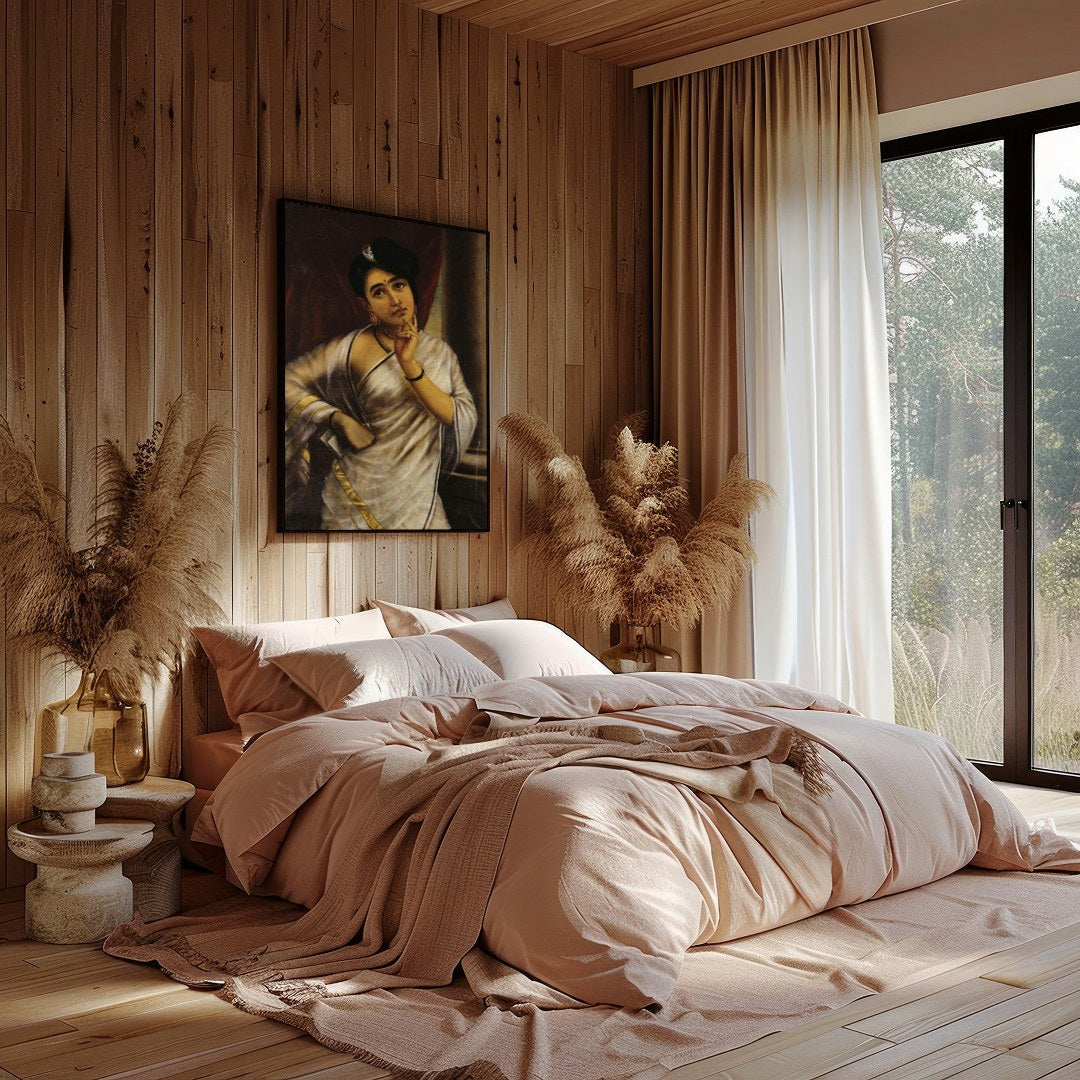 This striking portrait captures the introspective gaze of a thoughtful woman draped in an elegant for Bedroom