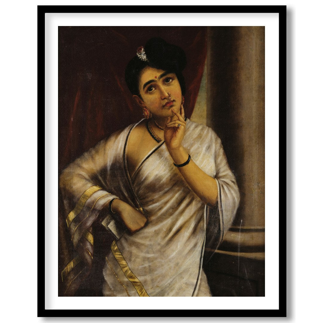 This striking portrait captures the introspective gaze of a thoughtful woman draped in an elegant for decor
