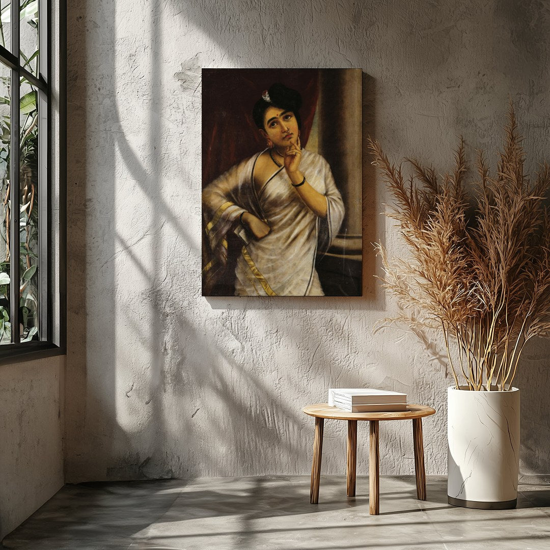 This striking portrait captures the introspective gaze of a thoughtful woman draped in an elegant for Entrance