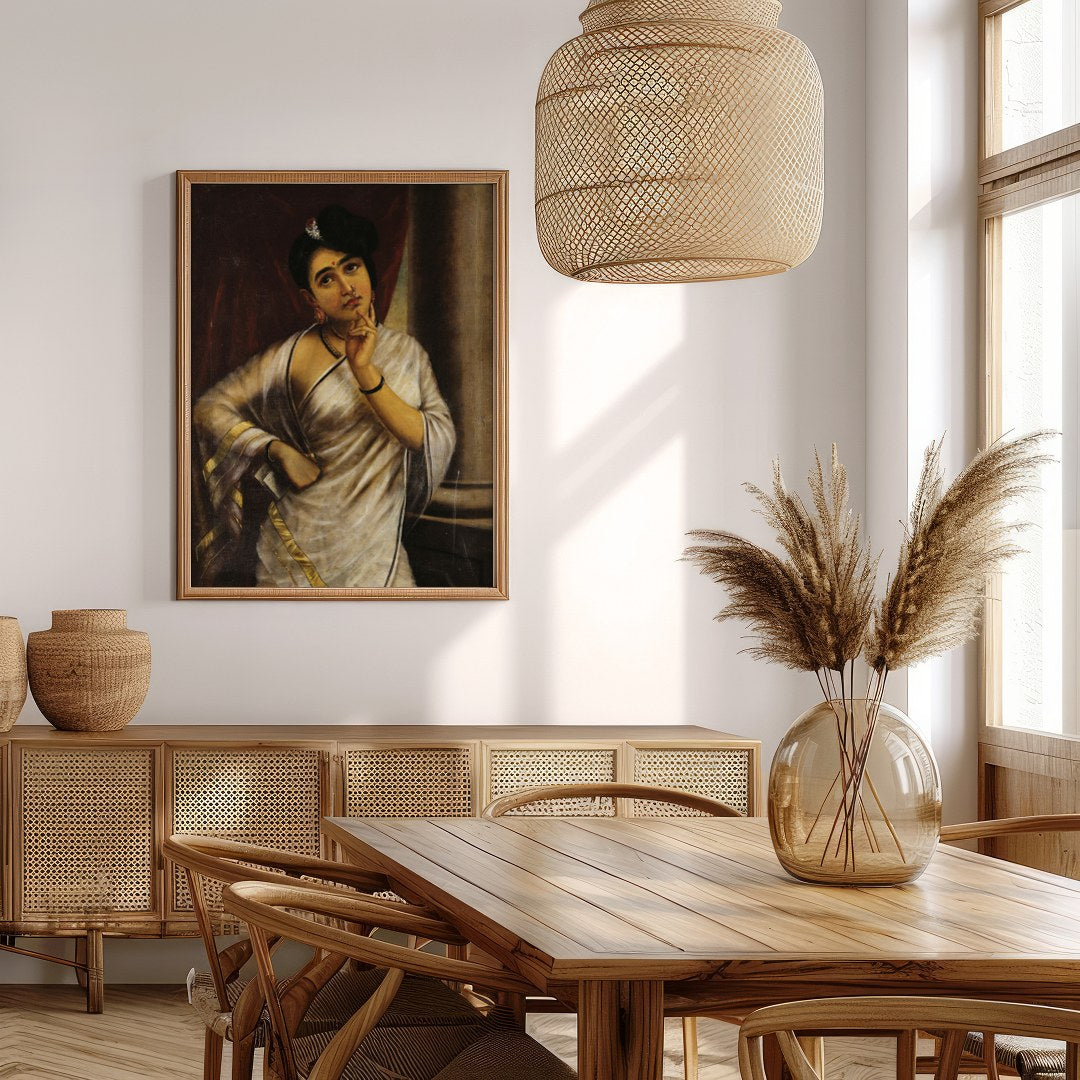 This striking portrait captures the introspective gaze of a thoughtful woman draped in an elegant for Extra Kitchen