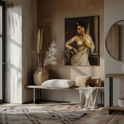 This striking portrait captures the introspective gaze of a thoughtful woman draped in an elegant for gallery