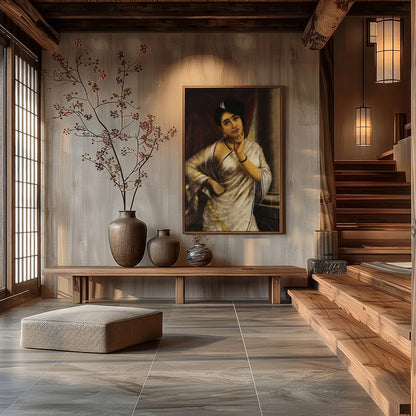 This striking portrait captures the introspective gaze of a thoughtful woman draped in an elegant for Hall
