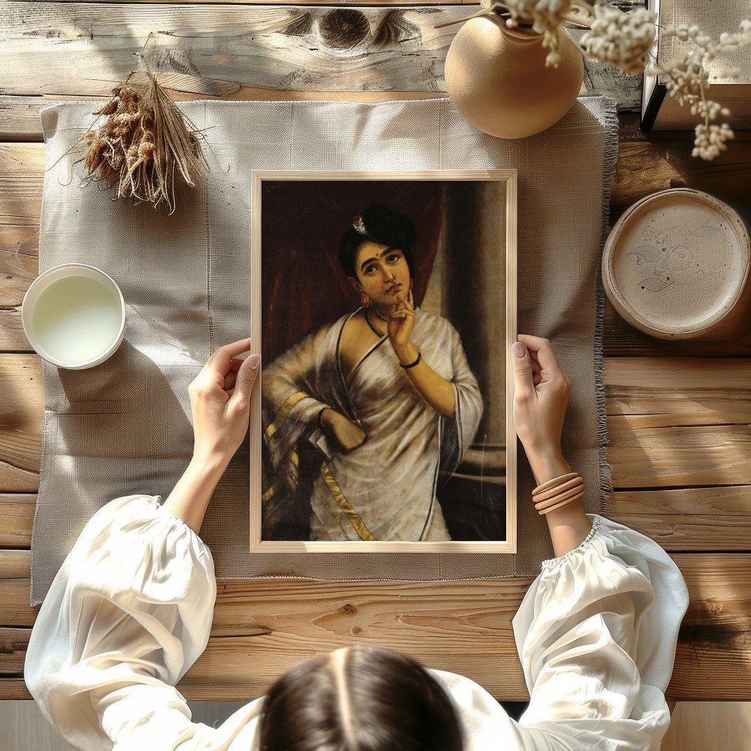 This striking portrait captures the introspective gaze of a thoughtful woman draped in an elegant for Kitchen