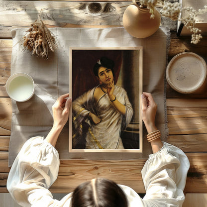 This striking portrait captures the introspective gaze of a thoughtful woman draped in an elegant for Kitchen
