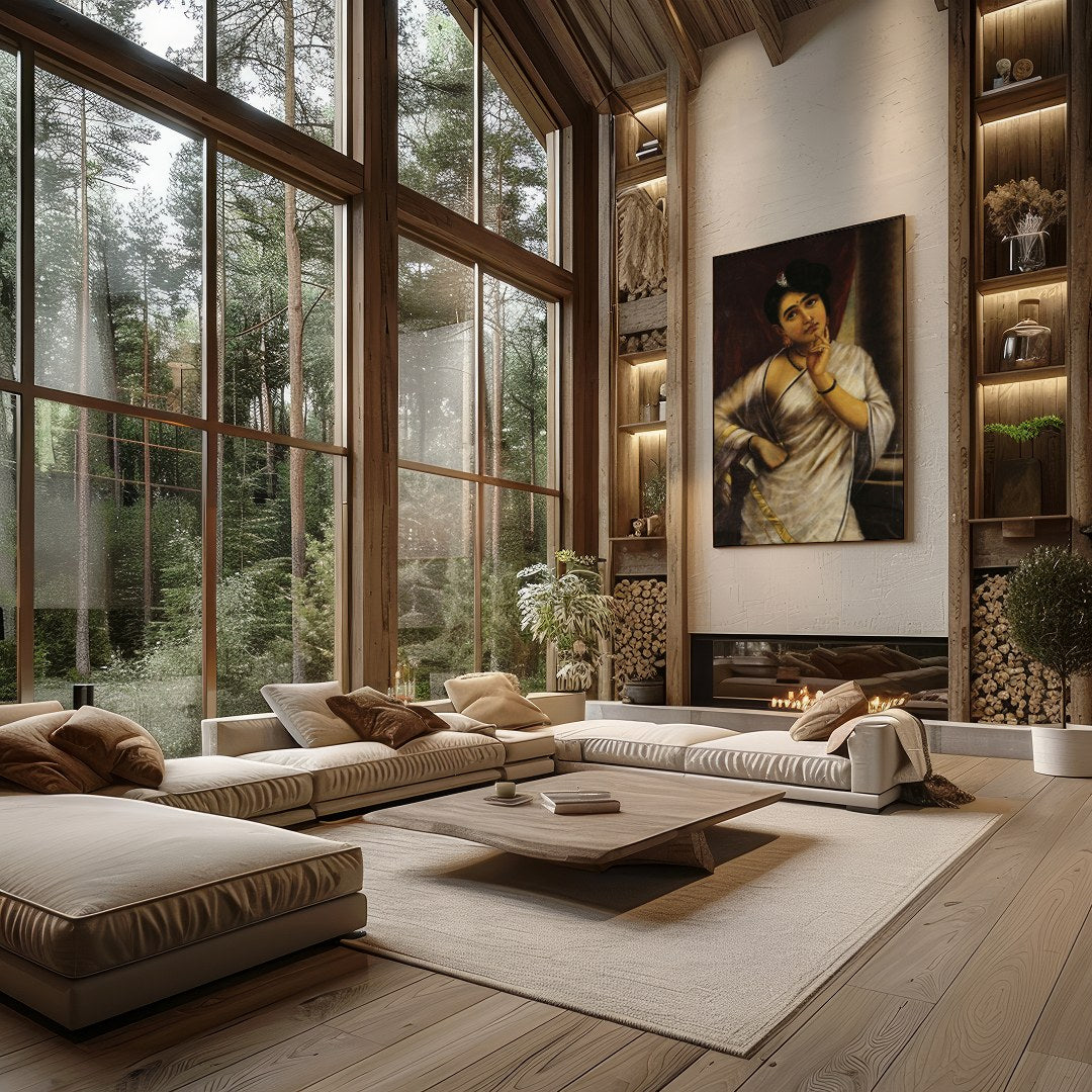 This striking portrait captures the introspective gaze of a thoughtful woman draped in an elegant for Living Room