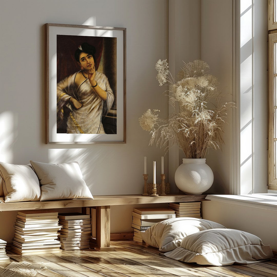 This striking portrait captures the introspective gaze of a thoughtful woman draped in an elegant for office