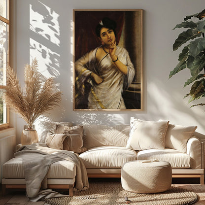 This striking portrait captures the introspective gaze of a thoughtful woman draped in an elegant for Sitting Area