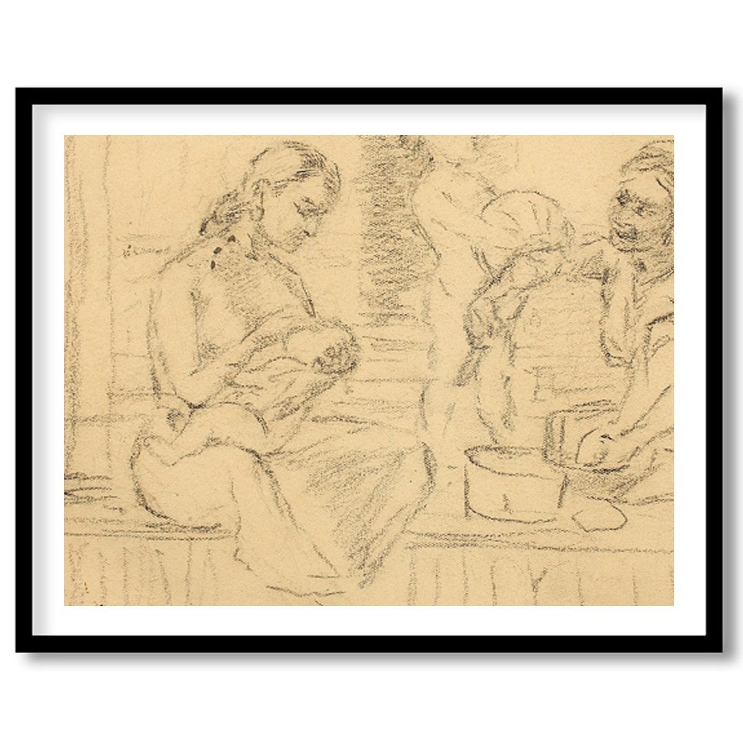 This captivating piece captures an intimate family moment sketched in soft, nostalgic lines. The for dwelling