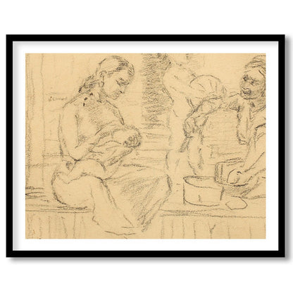 This captivating piece captures an intimate family moment sketched in soft, nostalgic lines. The for dwelling