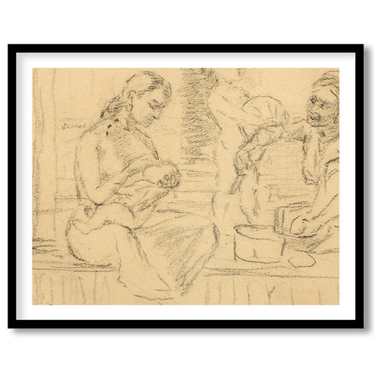 This captivating piece captures an intimate family moment sketched in soft, nostalgic lines. The for dwelling