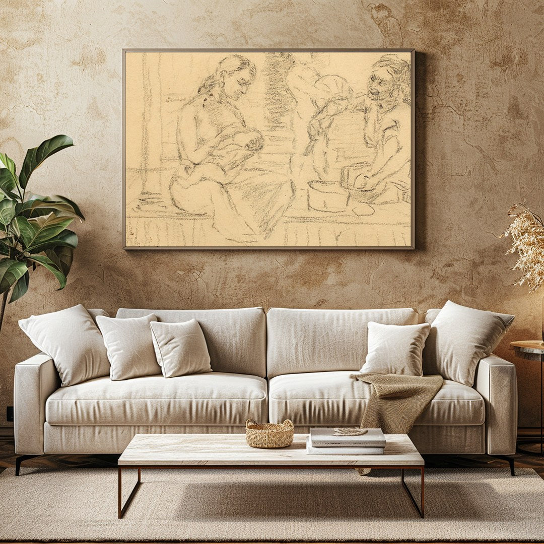 This captivating piece captures an intimate family moment sketched in soft, nostalgic lines. The for Family Room