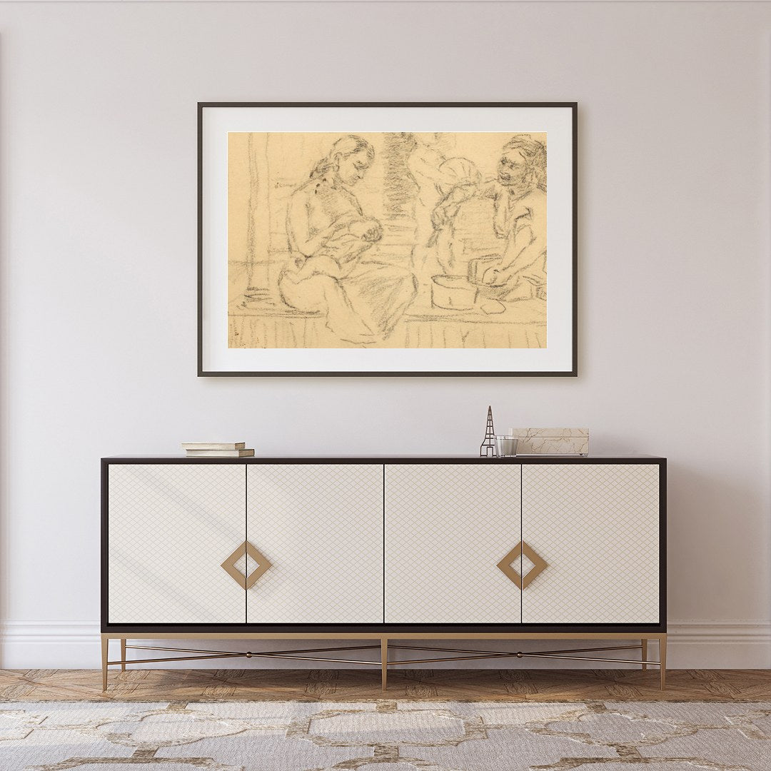 This captivating piece captures an intimate family moment sketched in soft, nostalgic lines. The for Foyer