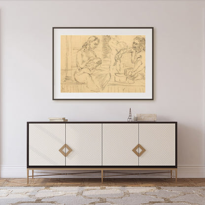 This captivating piece captures an intimate family moment sketched in soft, nostalgic lines. The for Foyer