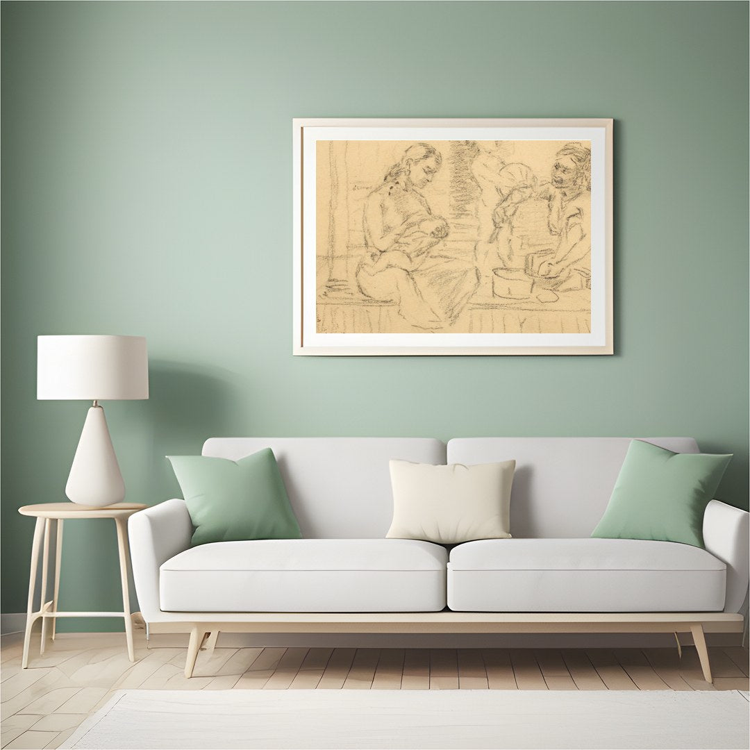 This captivating piece captures an intimate family moment sketched in soft, nostalgic lines. The for Hall