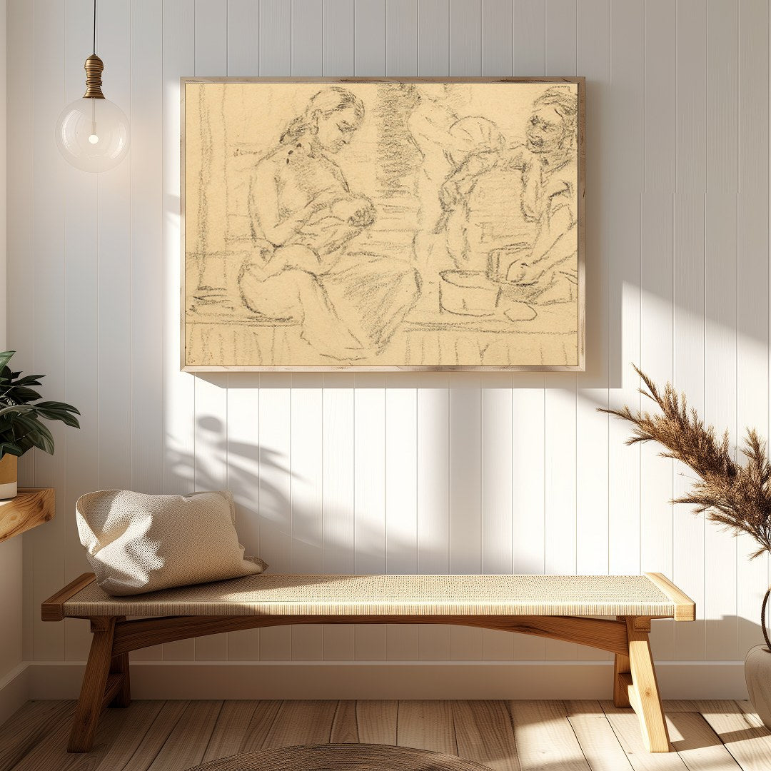This captivating piece captures an intimate family moment sketched in soft, nostalgic lines. The for Hallway