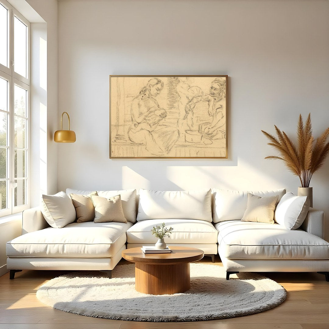 This captivating piece captures an intimate family moment sketched in soft, nostalgic lines. The for Living Room