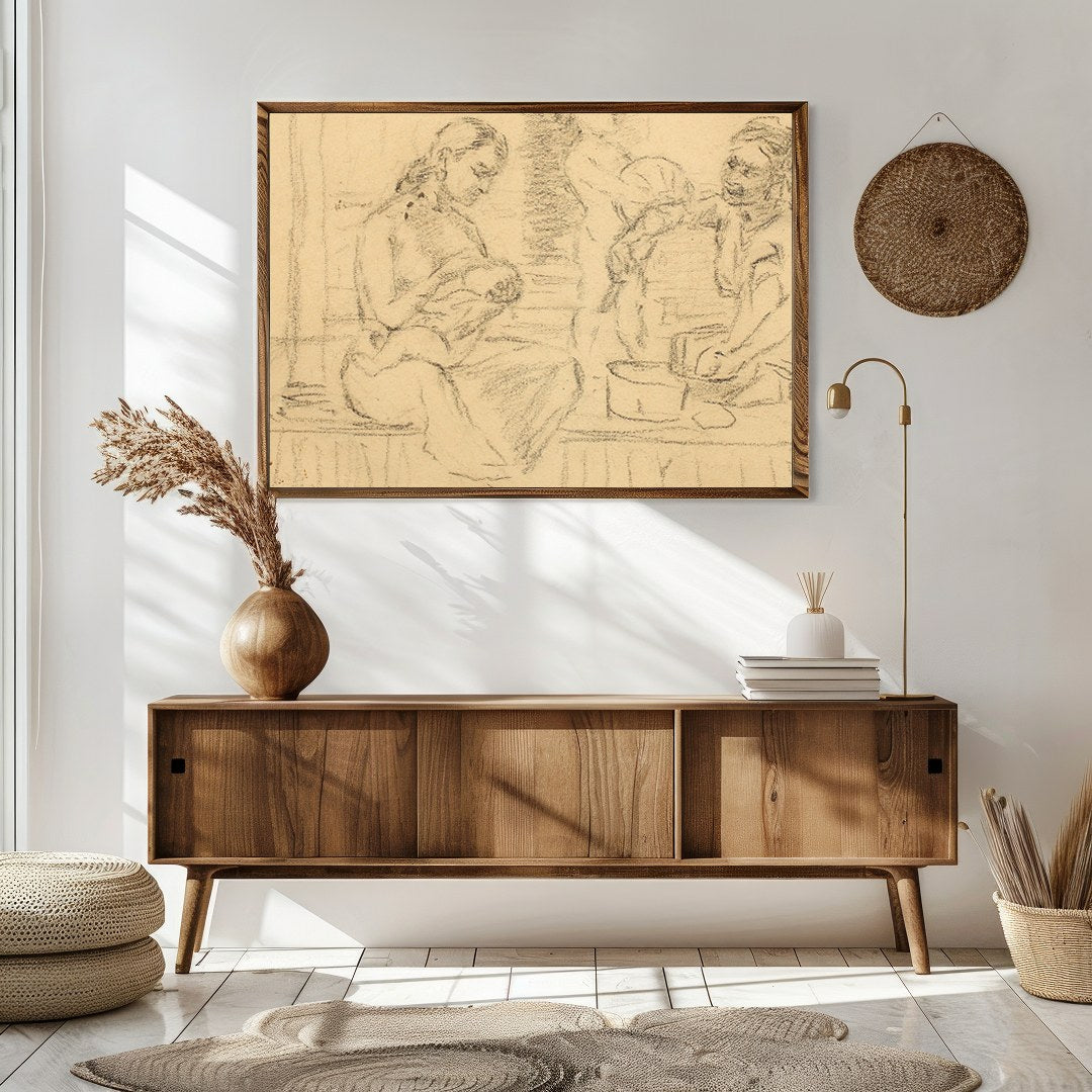This captivating piece captures an intimate family moment sketched in soft, nostalgic lines. The for Sitting Area