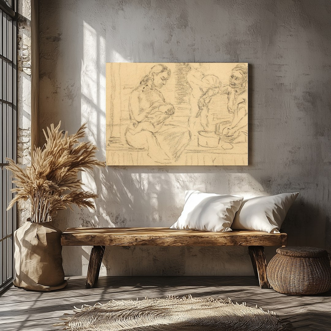 This captivating piece captures an intimate family moment sketched in soft, nostalgic lines. The for Veranda