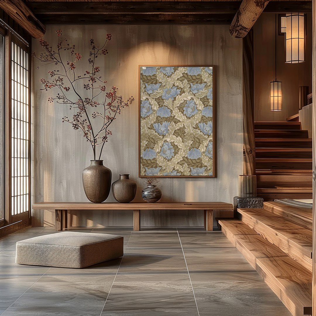 Elevate your space with this elegant vintage-inspired floral artwork. The harmonious blend of blue for Hall