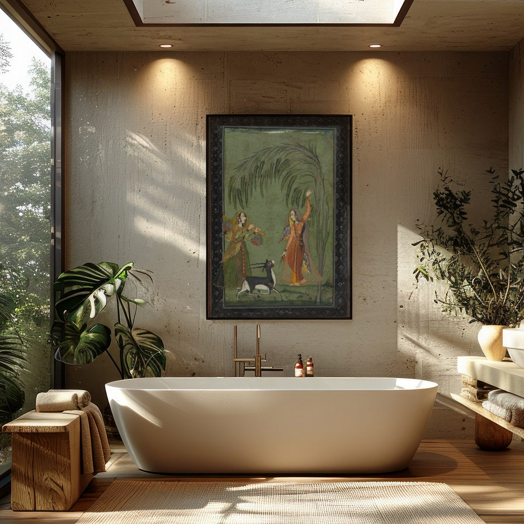 Experience the timeless elegance of a Mughal-inspired courtyard scene. This captivating piece for Bathroom