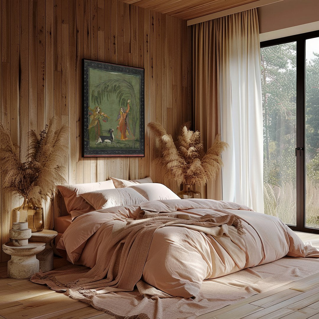 Experience the timeless elegance of a Mughal-inspired courtyard scene. This captivating piece for Bedroom