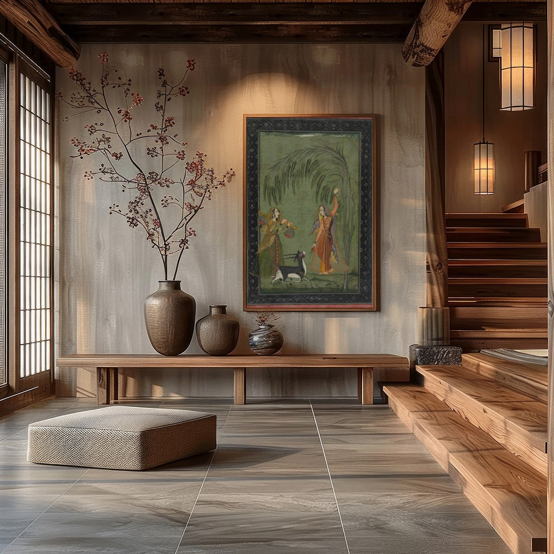 Experience the timeless elegance of a Mughal-inspired courtyard scene. This captivating piece for Hall