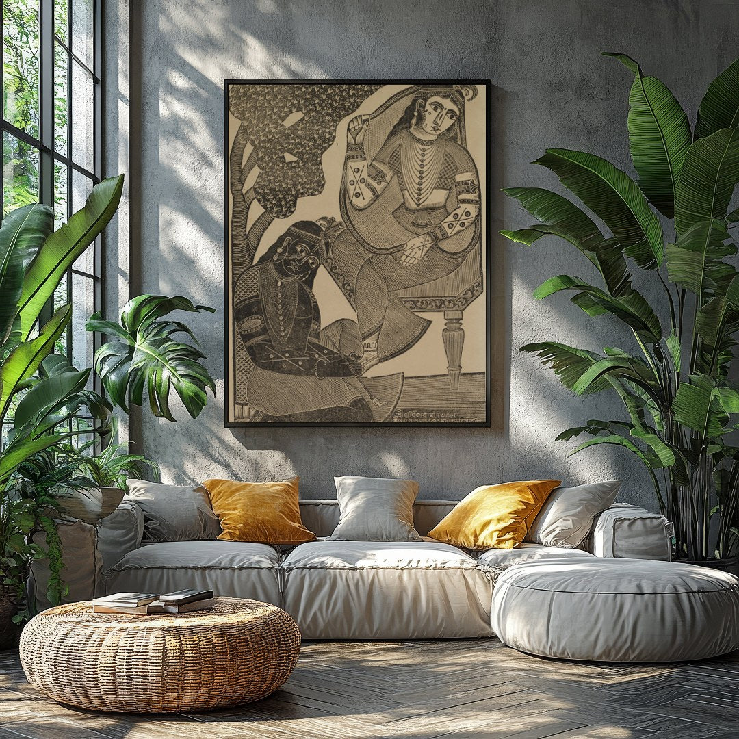 Immerse yourself in the timeless romance of this vintage Indian woodcut artwork. Featuring for Balcony