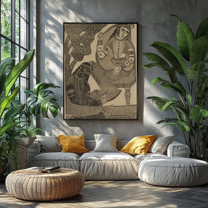 Immerse yourself in the timeless romance of this vintage Indian woodcut artwork. Featuring for Balcony