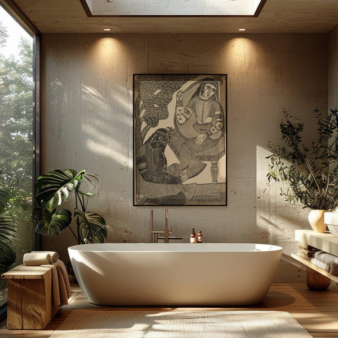 Immerse yourself in the timeless romance of this vintage Indian woodcut artwork. Featuring for Bathroom