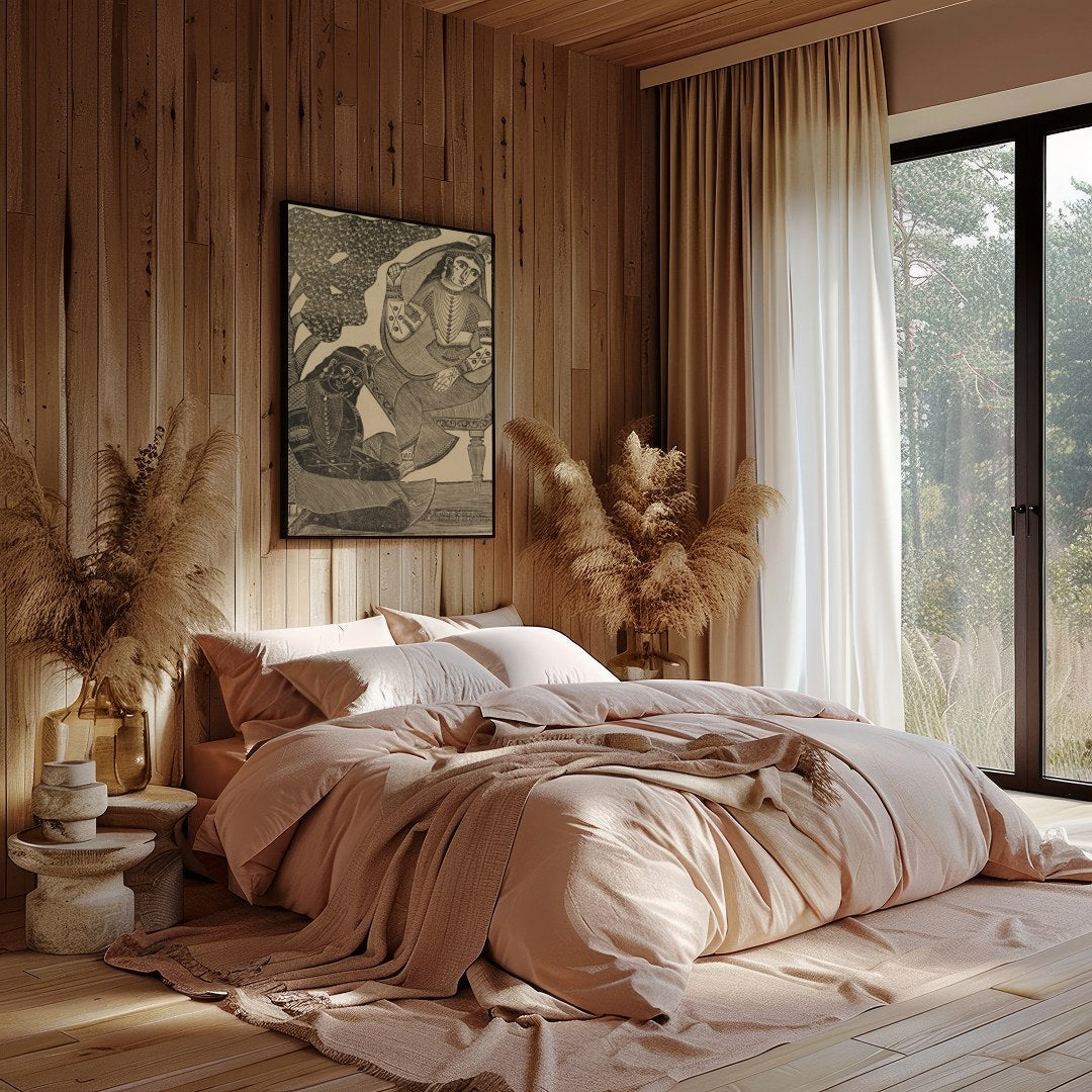 Immerse yourself in the timeless romance of this vintage Indian woodcut artwork. Featuring for Bedroom