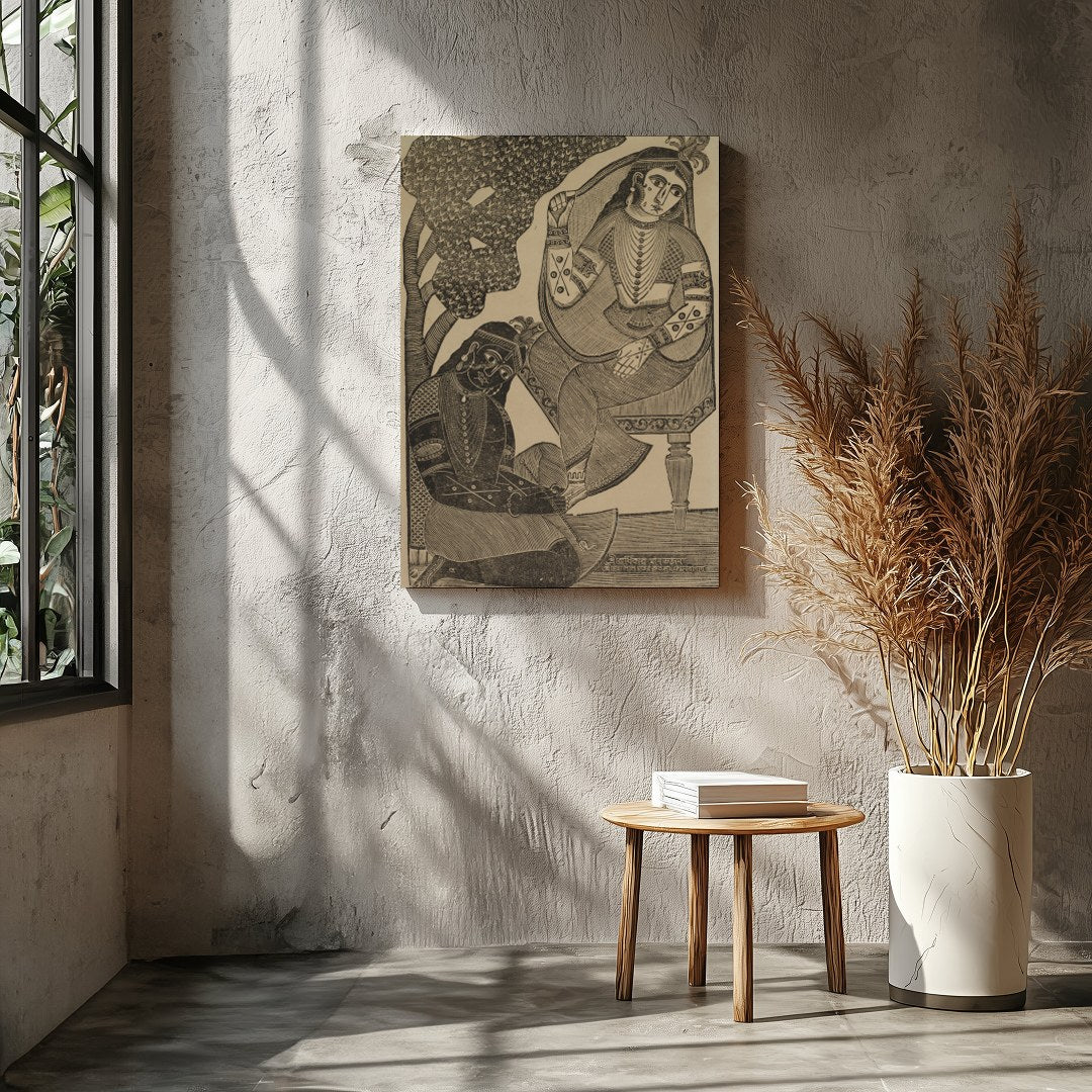 Immerse yourself in the timeless romance of this vintage Indian woodcut artwork. Featuring for Entrance