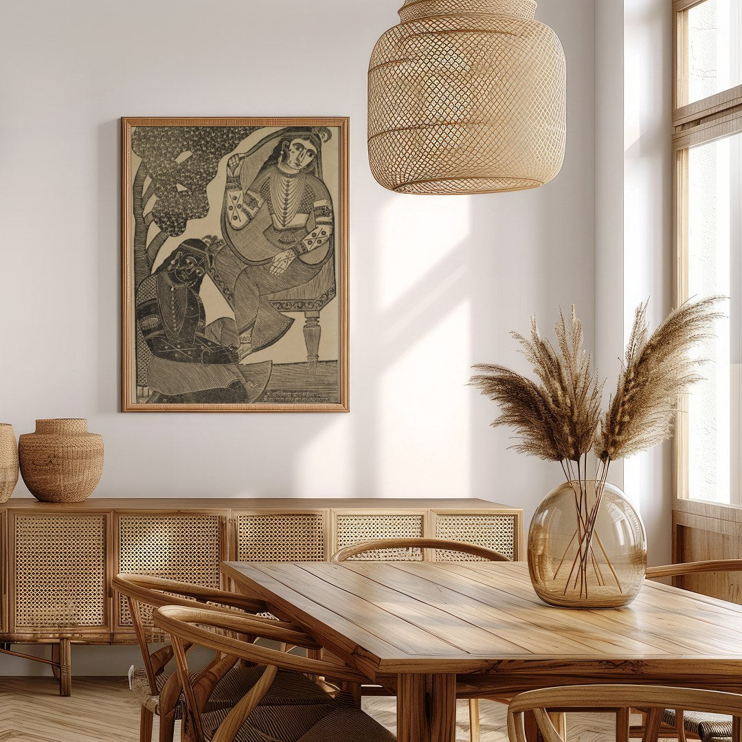 Immerse yourself in the timeless romance of this vintage Indian woodcut artwork. Featuring for Extra Kitchen