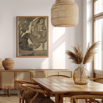 Immerse yourself in the timeless romance of this vintage Indian woodcut artwork. Featuring for Extra Kitchen