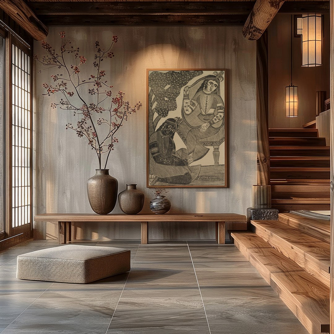 Immerse yourself in the timeless romance of this vintage Indian woodcut artwork. Featuring for Hall