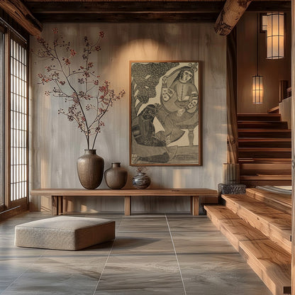 Immerse yourself in the timeless romance of this vintage Indian woodcut artwork. Featuring for Hall