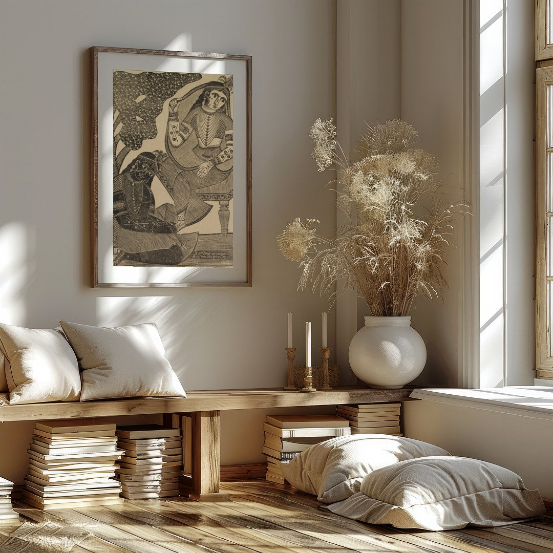 Immerse yourself in the timeless romance of this vintage Indian woodcut artwork. Featuring for haven