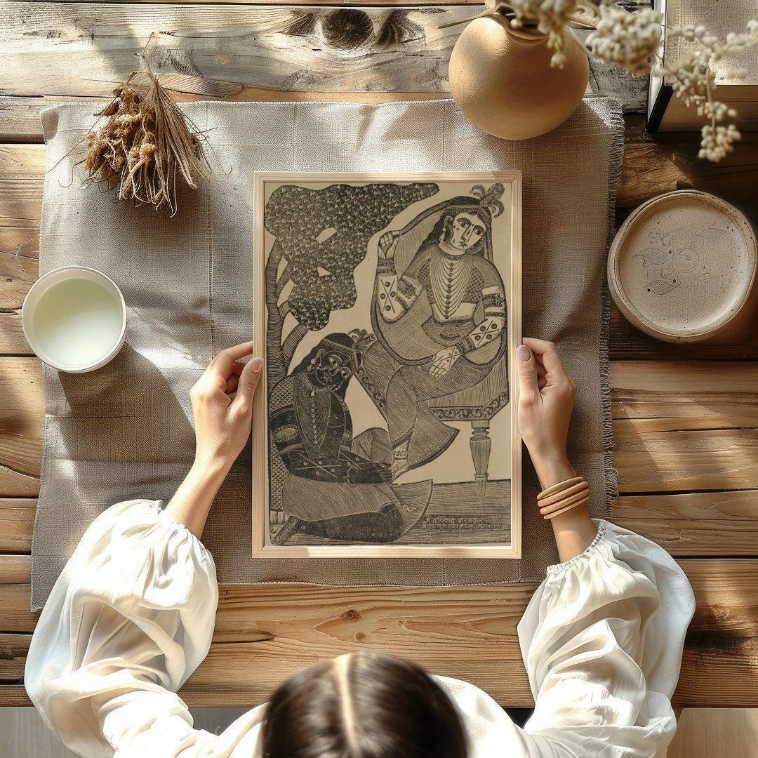 Immerse yourself in the timeless romance of this vintage Indian woodcut artwork. Featuring for Kitchen