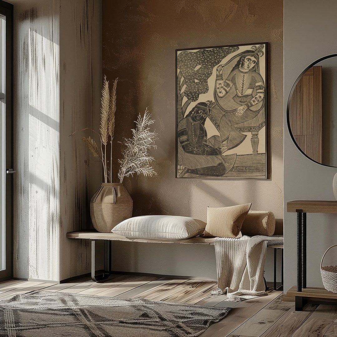 Immerse yourself in the timeless romance of this vintage Indian woodcut artwork. Featuring for loft