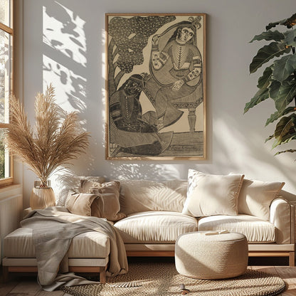 Immerse yourself in the timeless romance of this vintage Indian woodcut artwork. Featuring for Sitting Area