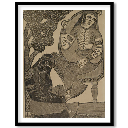 Immerse yourself in the timeless romance of this vintage Indian woodcut artwork. Featuring for studio