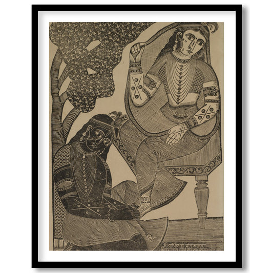Immerse yourself in the timeless romance of this vintage Indian woodcut artwork. Featuring for studio