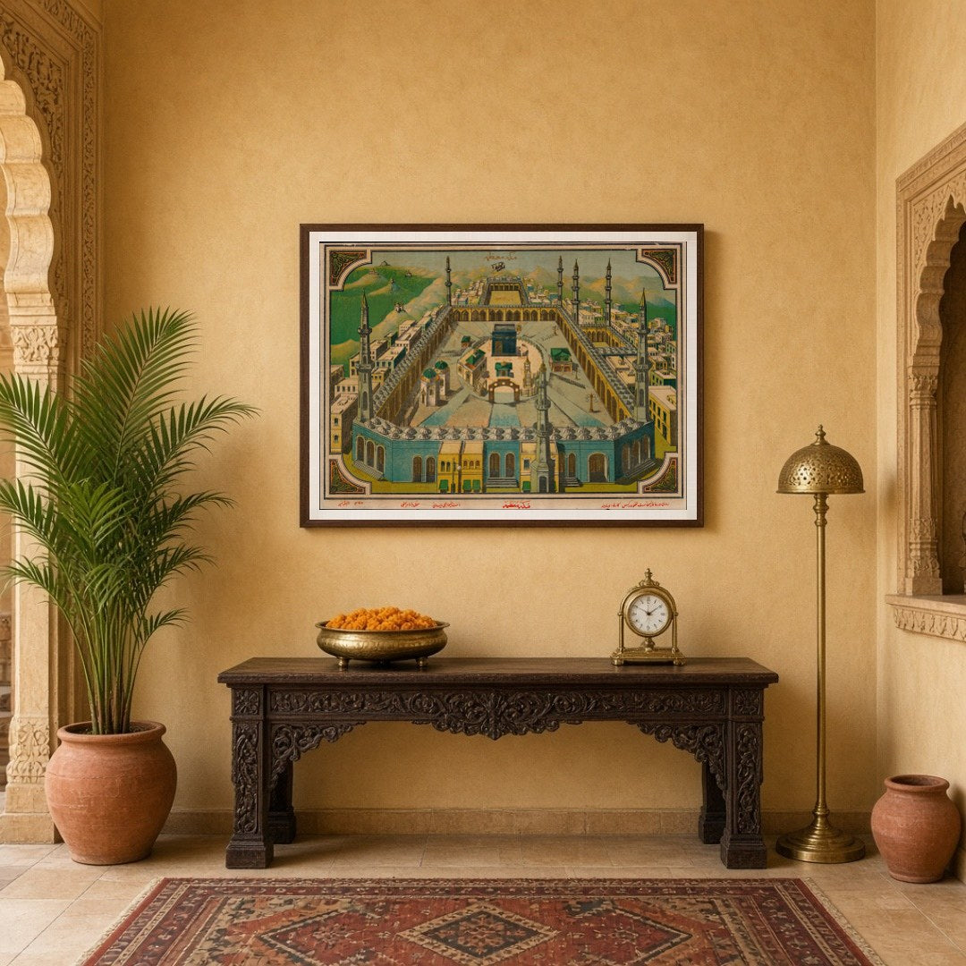 Step into history with this vintage lithograph of Masjid al-Haram in Mecca, showing the Kaaba at the for Entrance