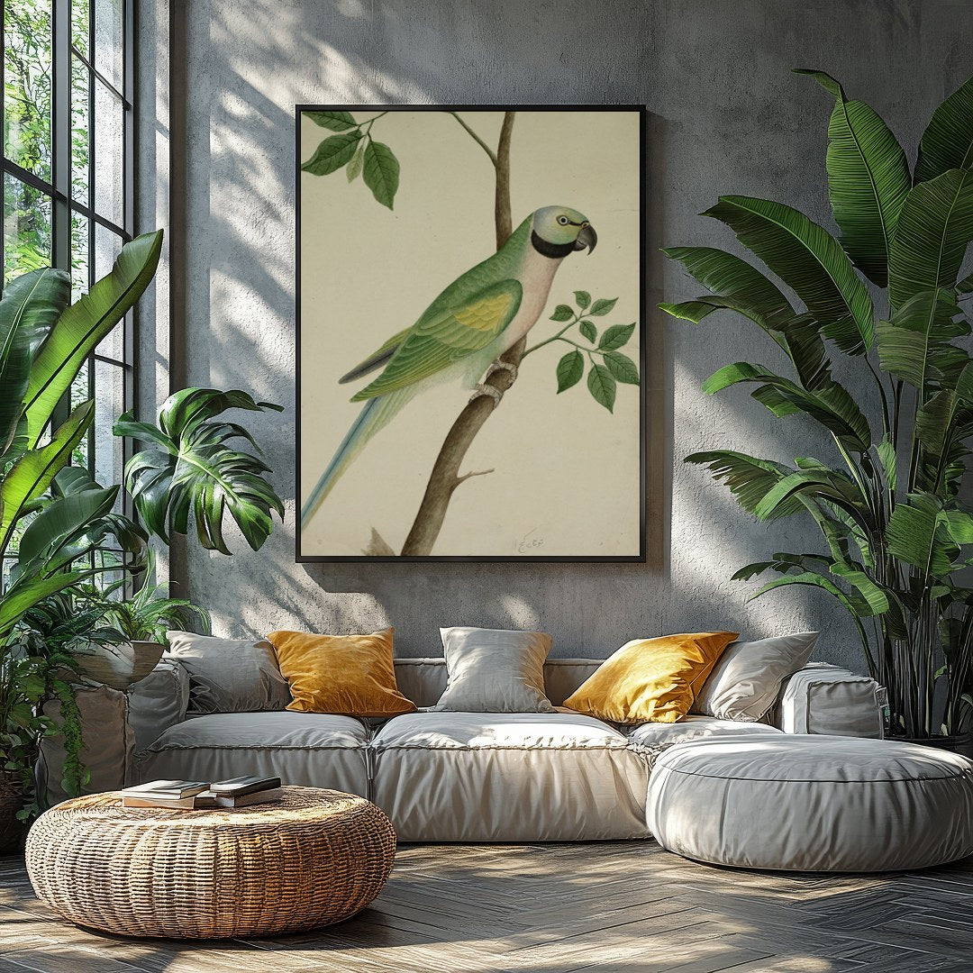 This exquisite vintage botanical illustration captures the charming elegance of a parrot perched on for Balcony
