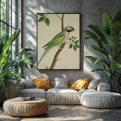 This exquisite vintage botanical illustration captures the charming elegance of a parrot perched on for Balcony