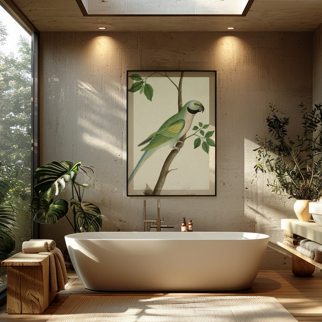 This exquisite vintage botanical illustration captures the charming elegance of a parrot perched on for Bathroom