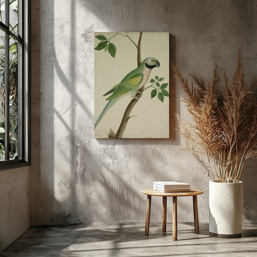 This exquisite vintage botanical illustration captures the charming elegance of a parrot perched on for Entrance